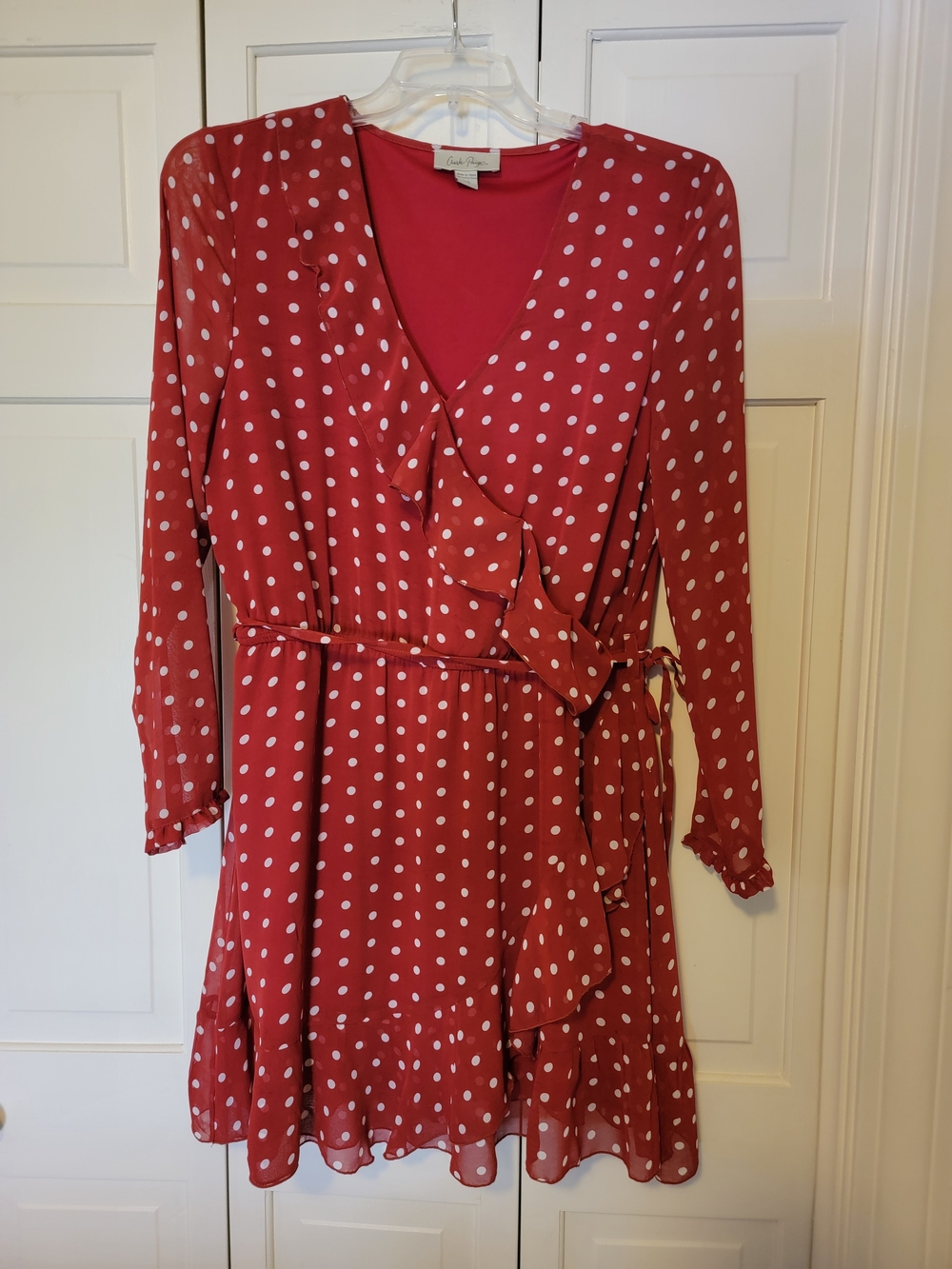 Charlie Paige Red Polka Dot  Dress with Ruffle Trim Size L EUC
